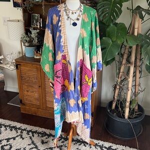 Kantha Handmade Little Hippie Chick Colorful Reversible Flare Sleeve Maxi Kimono